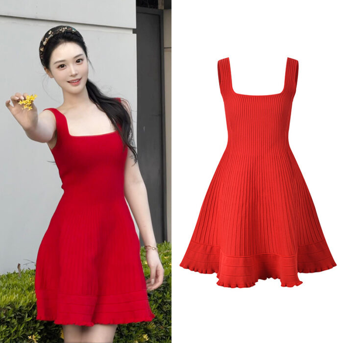 Red Square Collar Knitted Tank Dress Women 2025 Summer Sleeveless A-Line Mini Dresses 5250026