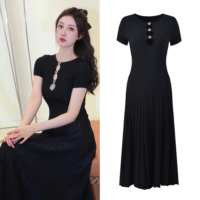 Black Knitted Hollow Long Dress Women 2024 Summer Slim Fit Office Ladies Elegant Robe 5240011