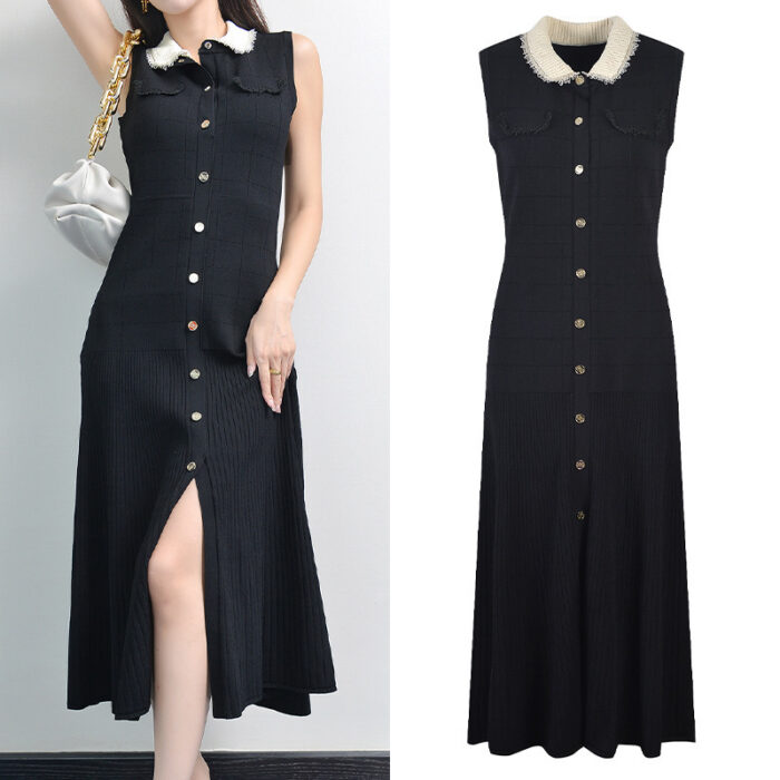 Black Sleeveless Knitted Long Dress Women 2024 Elegant Lace Elastic Slim Single Breasted Midi Dresses 5220338