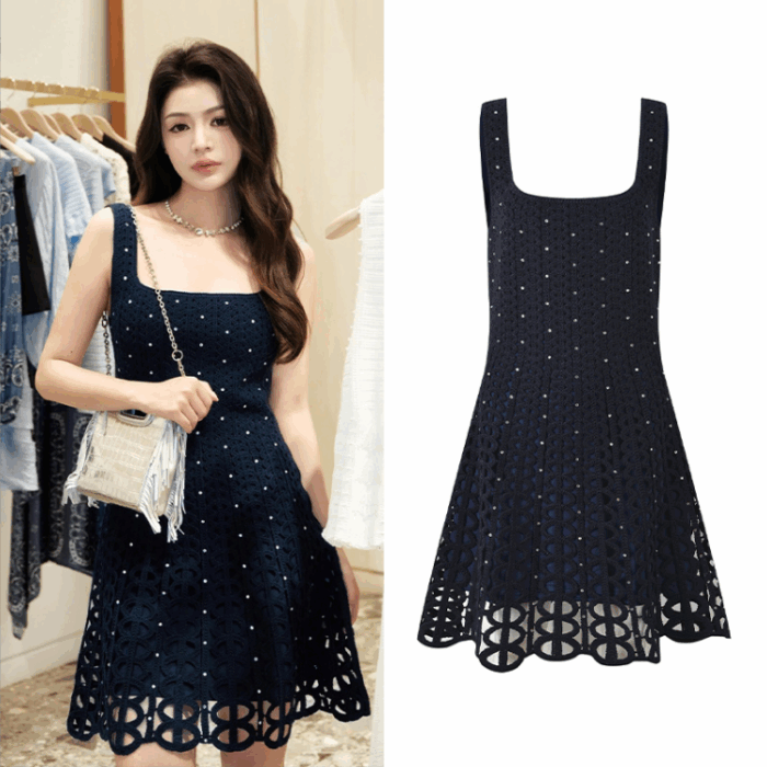 Dark Blue Mini Knitted Dress Women 2024 New Fashion Summer Halter Diamond Hollow Out Mini Dresses 5250068
