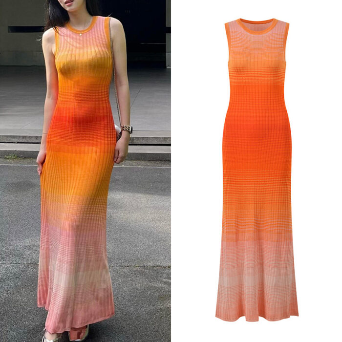 Gradient Striped Knitted Tank Dress Women's 2025 Summer New Fashion Slim Sleeveless Long Dresses 5250133