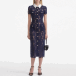 Dark Blue Lace Dress Women New 2025 Fashion Elegant Short Sleeve Single-breasted Party Bodycon Dresses 52510056