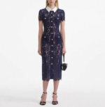 Dark Blue Lace Dress Women New 2025 Fashion Elegant Short Sleeve Single-breasted Party Bodycon Dresses 52510056