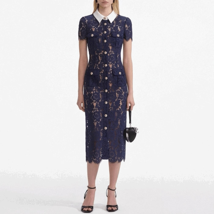Dark Blue Lace Dress Women New 2025 Fashion Elegant Short Sleeve Single-breasted Party Bodycon Dresses 52510056