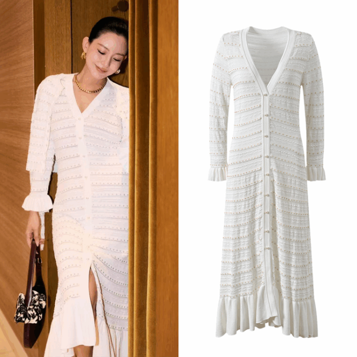 White Pearls Ruffle Knit Dress Women 2025 Spring Hollow Out V-Neck Flared Sleeve Single Breasted Mid-Calf Dresses 5250015