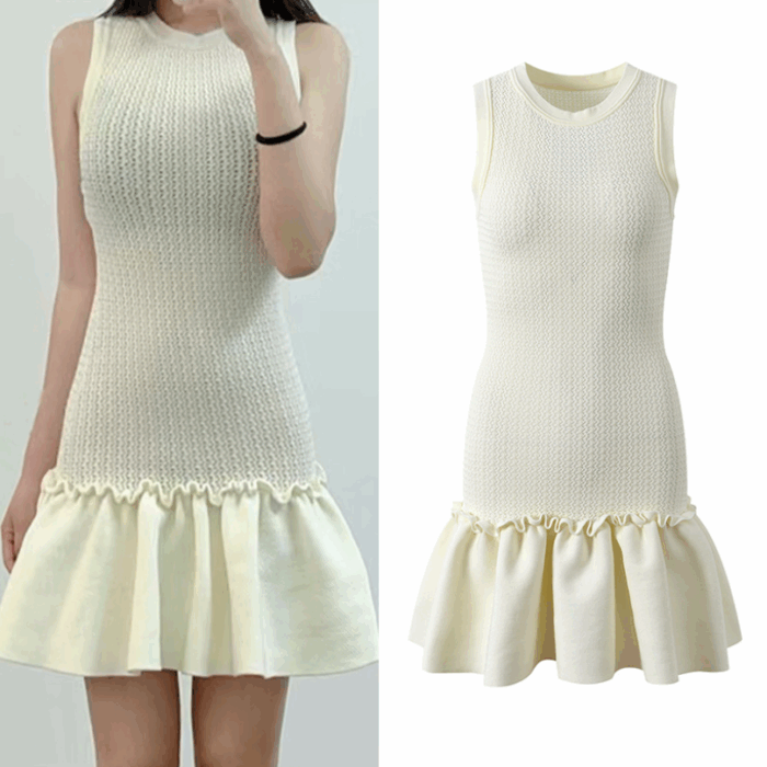 Ruffle Edge Knitted Mini Tank Dress Women's 2025 Summer New Fashion Sleeveless Slim Sweet Dress 5250124