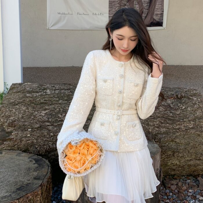 High Quality Women Short Tweed Dress New Autumn/winter New Women's Long Sleeved Beige Sequined Woolen Patchwork Dresses 52122