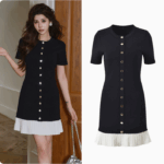 Black Pleated Hem Knitted Dress Women 2025 New O-Neck Short Sleeve Single-Breasted Ladies Slim Short Dresses 5240370