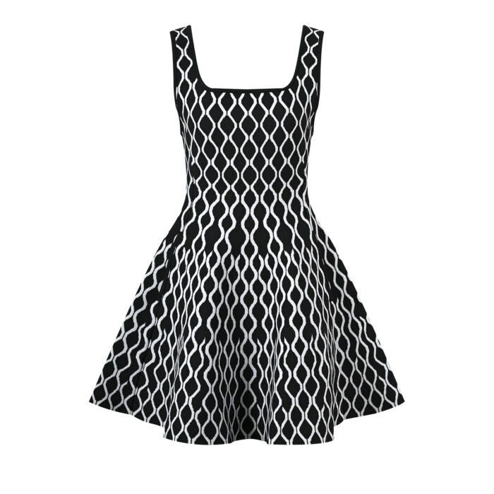 Women's Blue or Black Geometric Jacquard Sleeveless Dress Autumn New Sweet Ladies Slim High-Waisted A-Line Short Robe 5240164 - Image 3