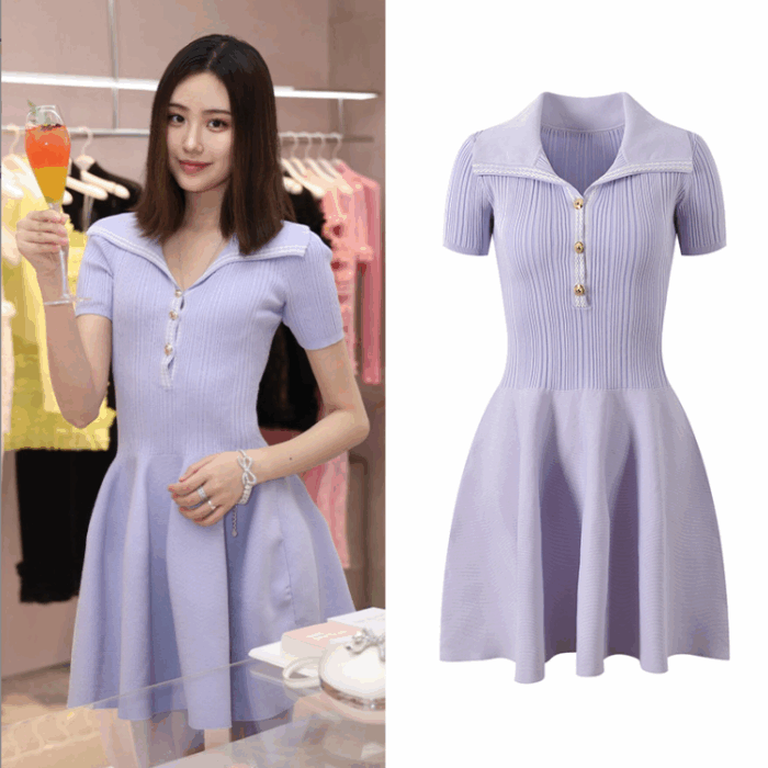 Purple Turn-down Collar Short-sleeved Knitted Mini Dress 2025 Summer New Fashion Slim Dresses 5250075