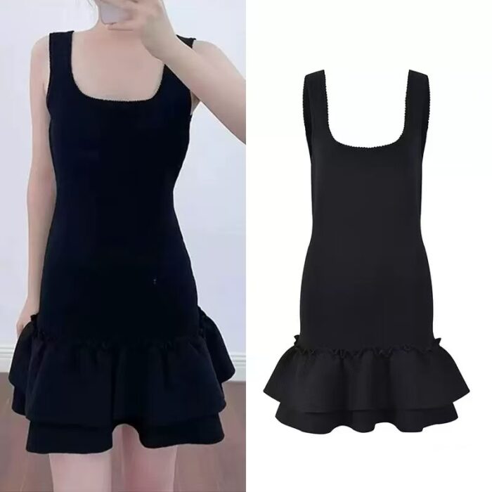 Black Ruffle Edge Knitted Mini Tank Dress Women's 2025 Summer New Fashion Sleeveless Sweet Dress 5250237