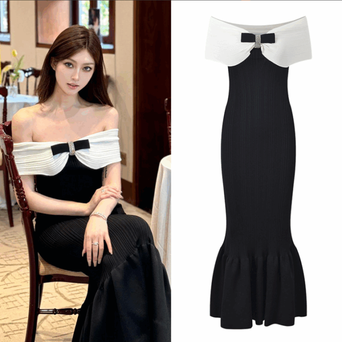 Black Bow One Shoulder Knitted Mermaid Dress Women 2024 Autumn New Collection Elegant Slim Long Dresses 5240251