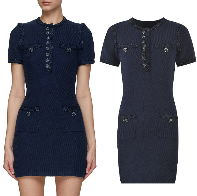 Autumn Winter Navy Blue Mini Dress Women New Simple Fashionable Round Neck Knitted Short Sleeve Dresses 5220603