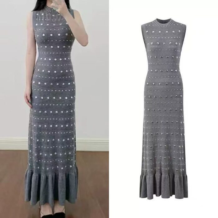 Grey Diamond Decoration Knited Dress Women Early Autumn Sleeveless Ruffles Elegant Slim Long Dress 5250269