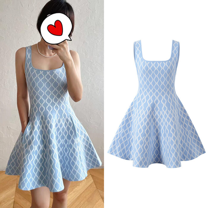 Women's Blue or Black Geometric Jacquard Sleeveless Dress Autumn New Sweet Ladies Slim High-Waisted A-Line Short Robe 5240164