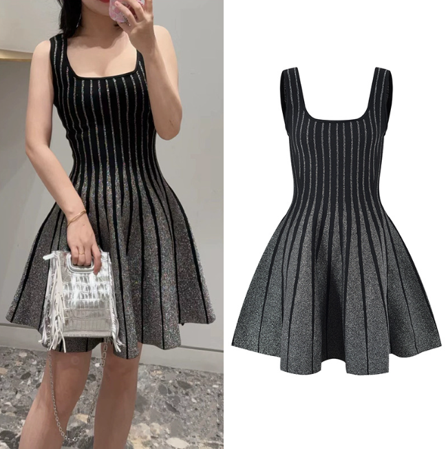 Women's Blue or Black Geometric Jacquard Sleeveless Dress Autumn New Sweet Ladies Slim High-Waisted A-Line Short Robe 5240164