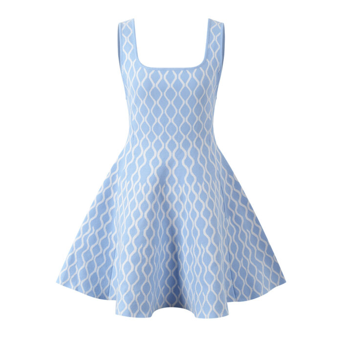 Women's Blue or Black Geometric Jacquard Sleeveless Dress Autumn New Sweet Ladies Slim High-Waisted A-Line Short Robe 5240164 - Image 2
