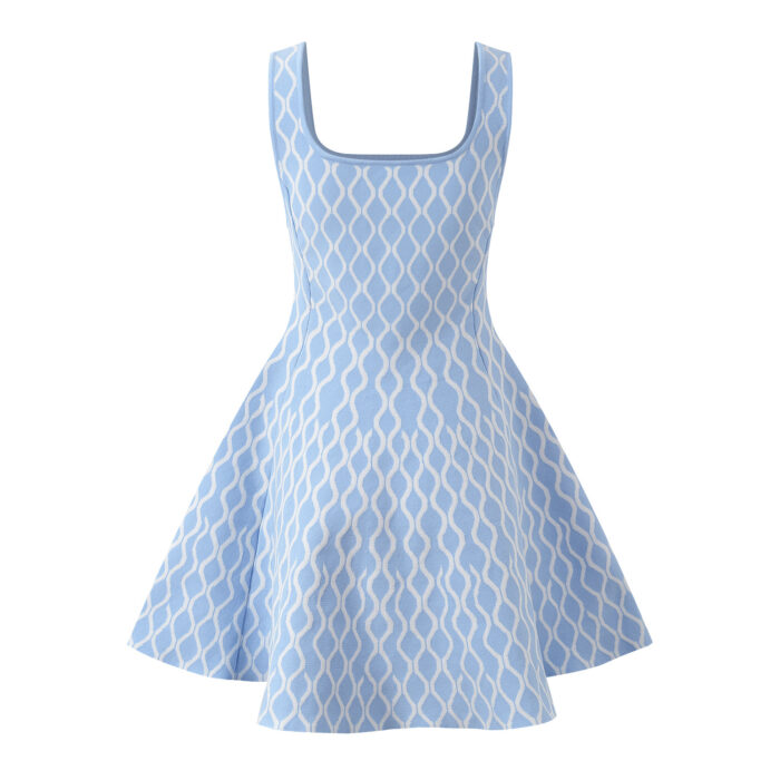 Women's Blue or Black Geometric Jacquard Sleeveless Dress Autumn New Sweet Ladies Slim High-Waisted A-Line Short Robe 5240164 - Image 3
