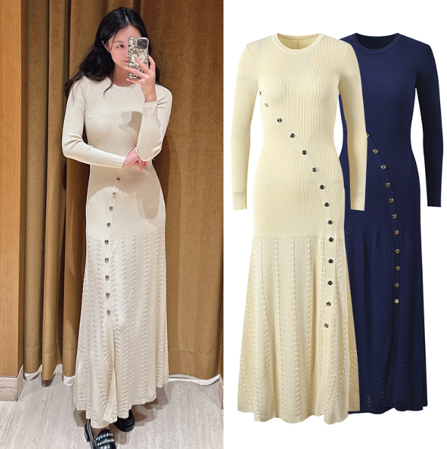 Women Metal Diagonal Buckle Mid-Length Dress Spring 2024 New Lady O-Neck Long Sleeve Thread Slit Hem Slim Long Robe 5230463