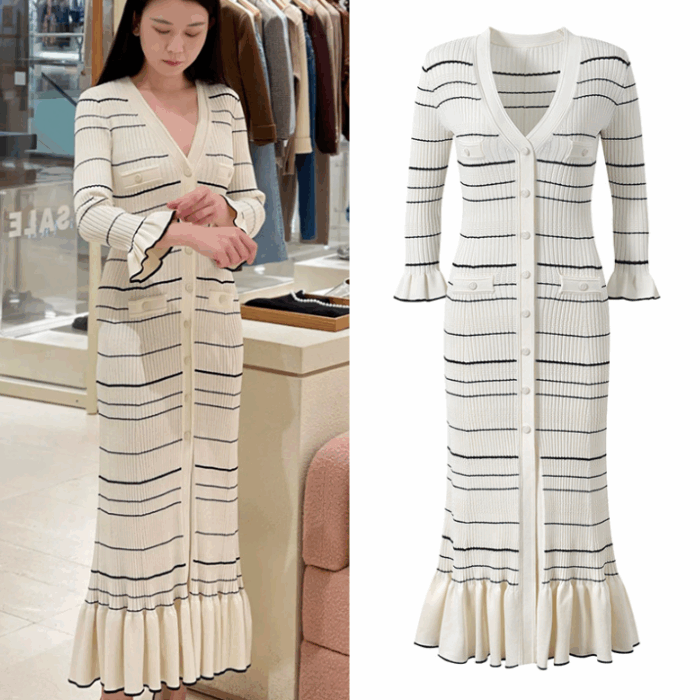 Stripes Knited Mid-Calf Dress Women 2025 Early Spring Lady V-Neck Single Breasted Slim Elegance Dress 5240361