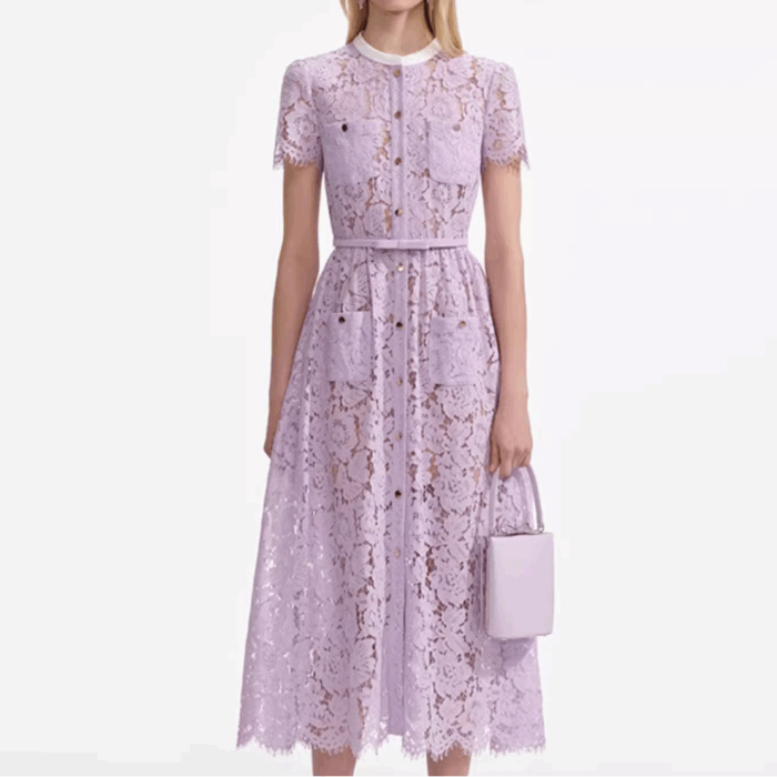 Purple Floral Lace Long Dress Women 2025 Summer New Fashion Elegant Short Sleeve Midi Dress 52510063