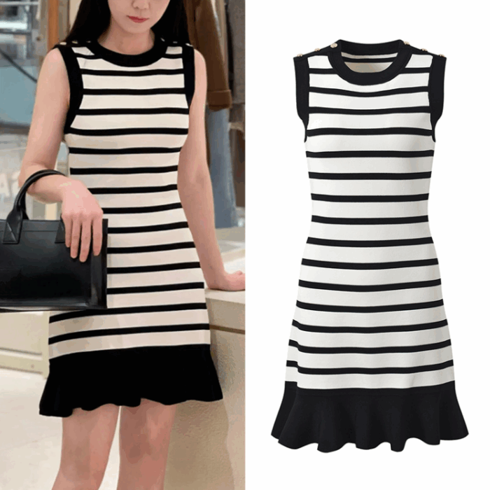 Black or Stripes Knited Mini Dress Women 2025 Spring Neckline Pearls Elegant Sleeveless Female Dresses 5240364