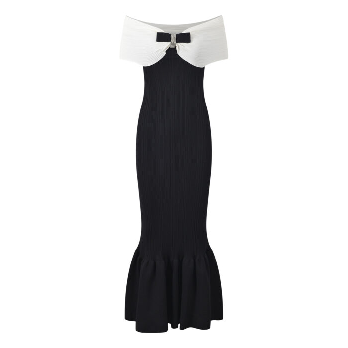 Black Bow One Shoulder Knitted Mermaid Dress Women 2024 Autumn New Collection Elegant Slim Long Dresses 5240251 - Image 2