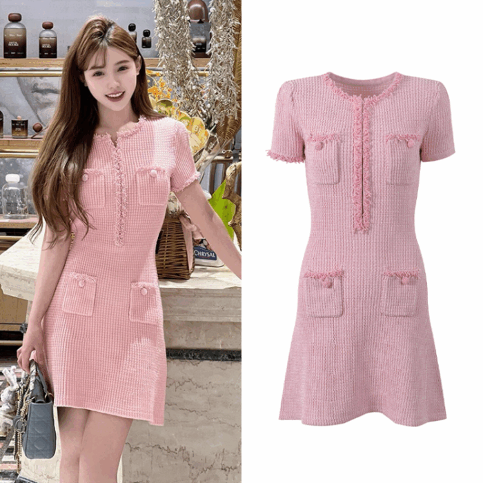Pink Beading Slim Knitting Mini Dress Women's 2025 Pockets A-Line Sweet Girl New Fashion Design Dresses 5250103