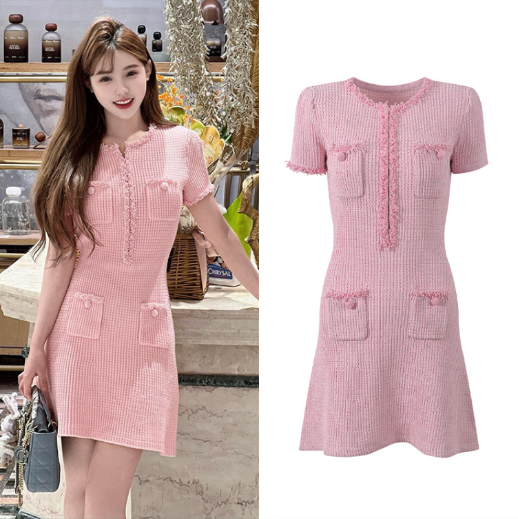 Pink Beading Slim Knitting Mini Dress Women's 2025 Pockets A-Line Sweet Girl New Fashion Design Dresses 5250103