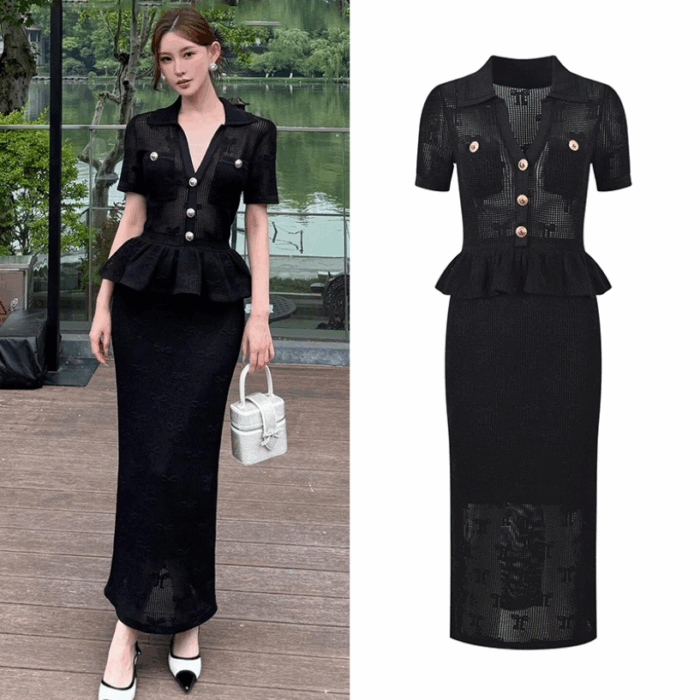 Black Ruffled Knitted Long Dress Women 2025 New Fashion V-neck Hollowed Out Bow Crochet Lapel Midi Dress 5250146
