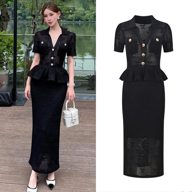Black Ruffled Knitted Long Dress Women 2025 New Fashion V-neck Hollowed Out Bow Crochet Lapel Midi Dress 5250146