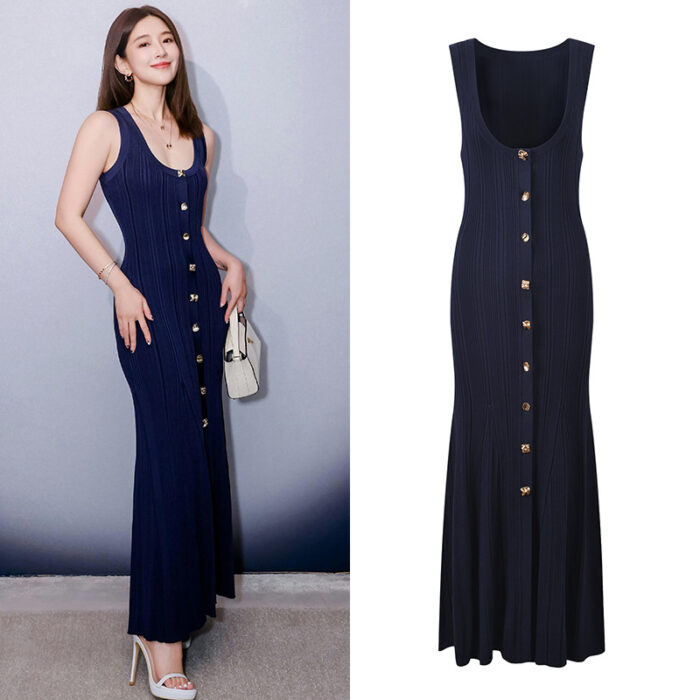 Navy blue sleeveless long Knitted Dress Women New 2024 Summer Slim Dresses 5240100