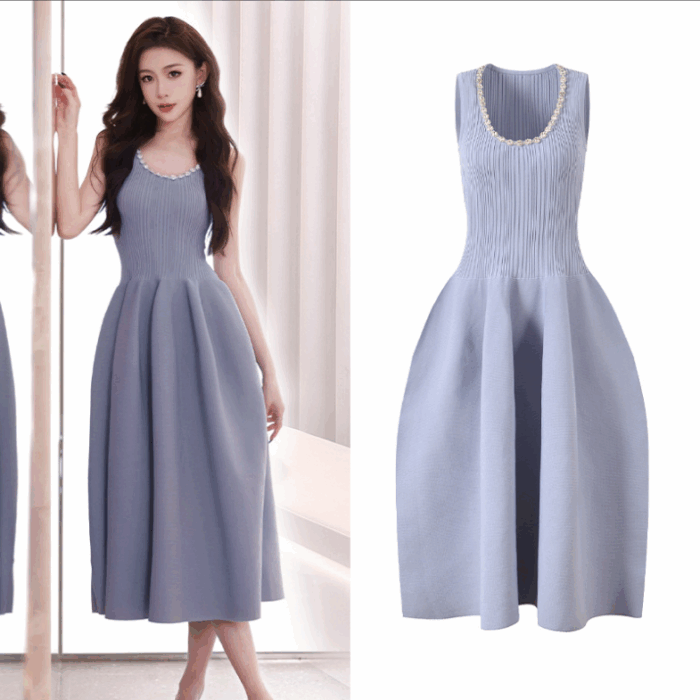 U-neck Diamond Decoration Knited Dress Women 2025 Spring Summer New Fashion Elegant Sleeveless Slim Dresses 5250056