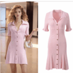 Pink Knitted Dress Women 2024 New Fashion Summer Elegant Turn Down Collar Single Breasted Short Sleeve Slim Dresses 5240044