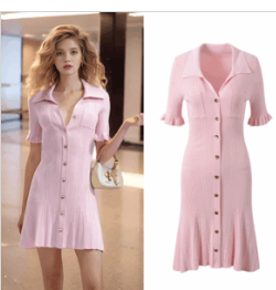 Pink Knitted Dress Women 2024 New Fashion Summer Elegant Turn Down Collar Single Breasted Short Sleeve Slim Dresses 5240044