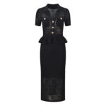Black Ruffled Knitted Long Dress Women 2025 New Fashion V-neck Hollowed Out Bow Crochet Lapel Midi Dress 5250146 - Image 2
