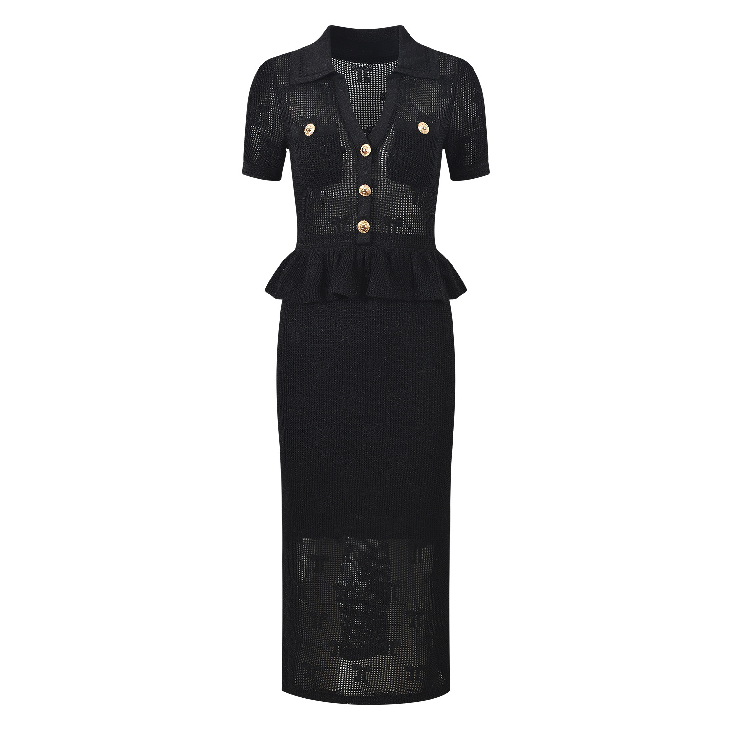 Black Ruffled Knitted Long Dress Women 2025 New Fashion V-neck Hollowed Out Bow Crochet Lapel Midi Dress 5250146 - Image 2