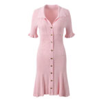 Pink Knitted Dress Women 2024 New Fashion Summer Elegant Turn Down Collar Single Breasted Short Sleeve Slim Dresses 5240044 - Image 2