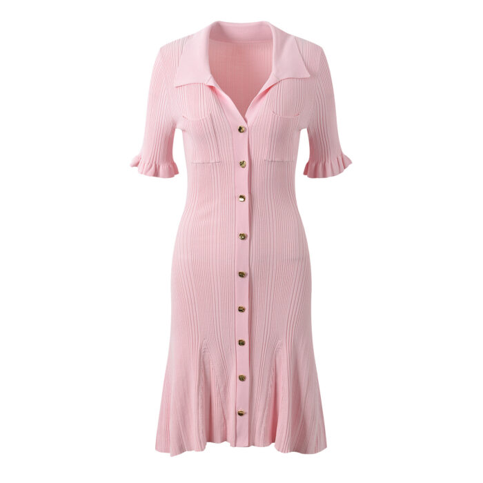 Pink Knitted Dress Women 2024 New Fashion Summer Elegant Turn Down Collar Single Breasted Short Sleeve Slim Dresses 5240044 - Image 2