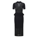 Black Ruffled Knitted Long Dress Women 2025 New Fashion V-neck Hollowed Out Bow Crochet Lapel Midi Dress 5250146 - Image 3