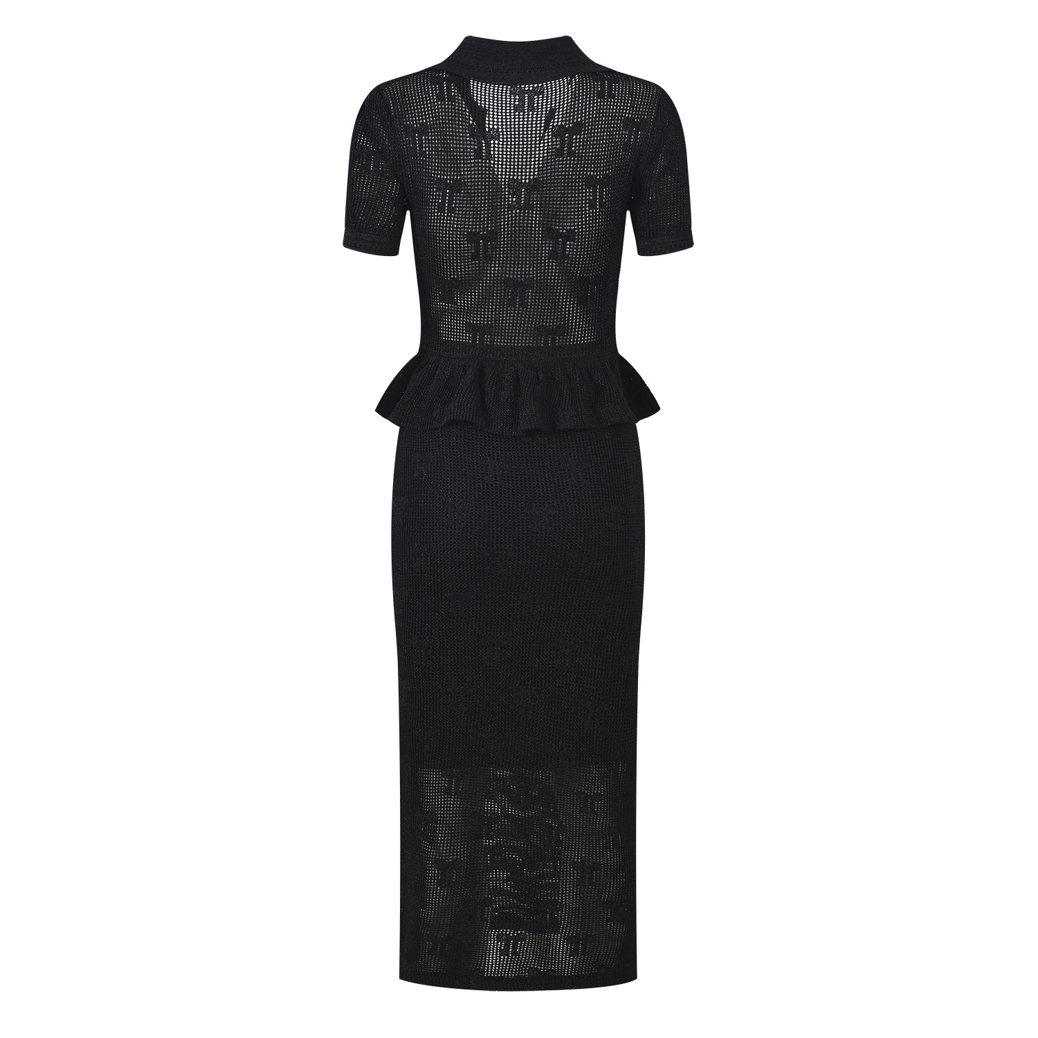 Black Ruffled Knitted Long Dress Women 2025 New Fashion V-neck Hollowed Out Bow Crochet Lapel Midi Dress 5250146 - Image 3