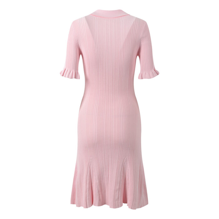 Pink Knitted Dress Women 2024 New Fashion Summer Elegant Turn Down Collar Single Breasted Short Sleeve Slim Dresses 5240044 - Image 3