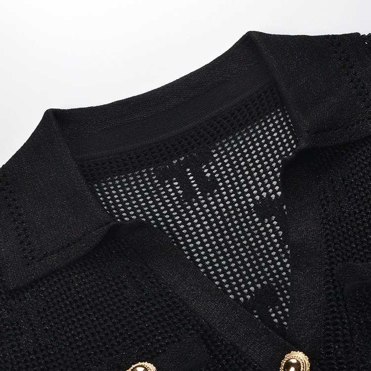 Black Ruffled Knitted Long Dress Women 2025 New Fashion V-neck Hollowed Out Bow Crochet Lapel Midi Dress 5250146 - Image 4