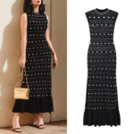 Diamond Decoration Women Sleeveless Knit Robe Black O-Neck Hem Ruffles Female Elegant Slim Midi Dress 2024 Early Autumn 5240265