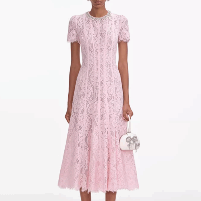 Pink Pearl Lace Long Dress Women's 2025 Summer New Round Neck Short Sleeve Lady Party Dress 5251066