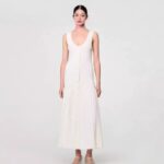 White Sexy Deep V-Neck Knitted Tank Long Dress Women 2025 Summer New Elegant Single-Breasted Splicing Pleated Dress 5250187