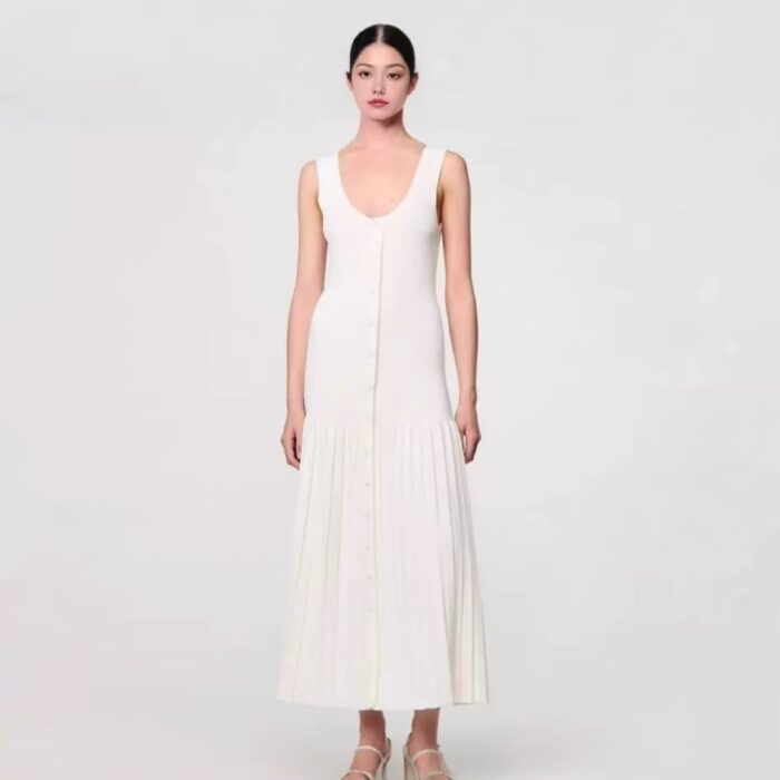 White Sexy Deep V-Neck Knitted Tank Long Dress Women 2025 Summer New Elegant Single-Breasted Splicing Pleated Dress 5250187