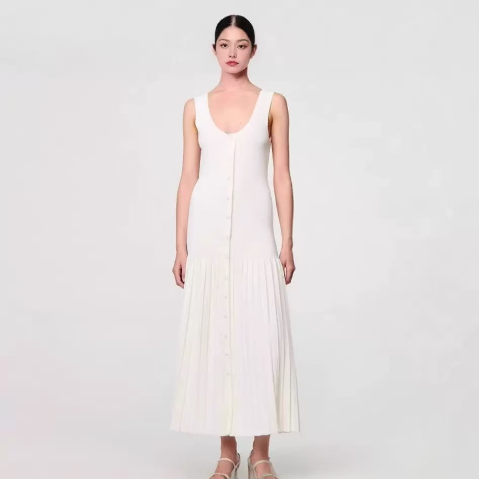 White Sexy Deep V-Neck Knitted Tank Long Dress Women 2025 Summer New Elegant Single-Breasted Splicing Pleated Dress 5250187