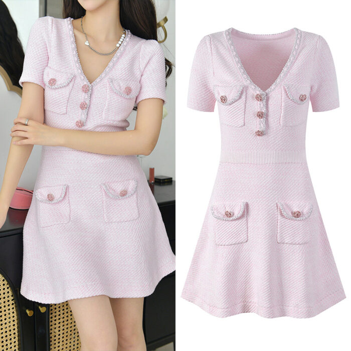 Pink Knitting Dress Women Short Sleeve Vintage V-neck Four Pocket Loose Dresses Diamonds Button Mini Vestidos 5220602