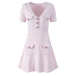 Pink Knitting Dress Women Short Sleeve Vintage V-neck Four Pocket Loose Dresses Diamonds Button Mini Vestidos 5220602 - Image 2